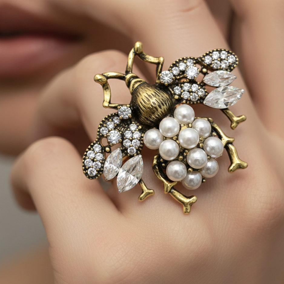 Vintage Insect Design Adjustable Open Ring – Retro Alloy Ring with Crystal Accents