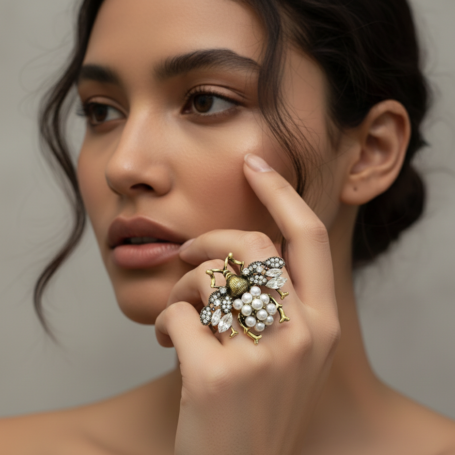Vintage Insect Design Adjustable Open Ring – Retro Alloy Ring with Crystal Accents