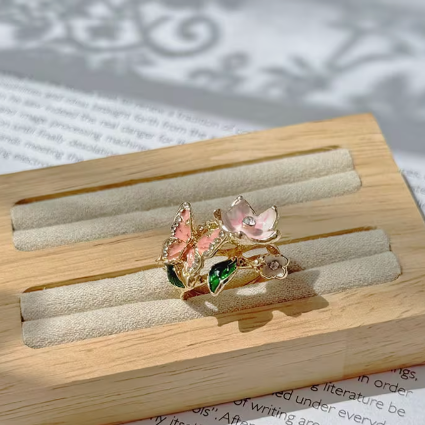 Vintage Enamel Butterfly & Flower Ring