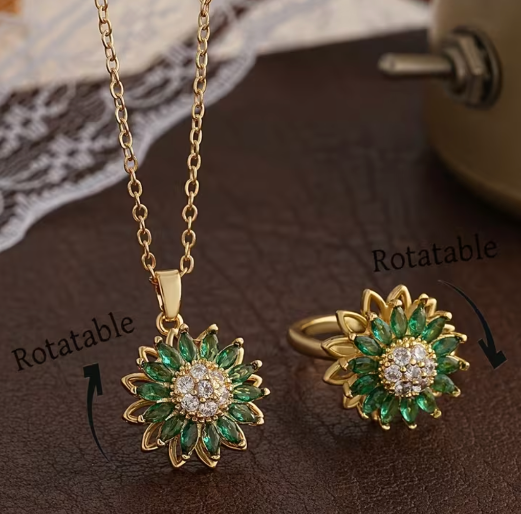 Set of Premium Green Floral Rotatable, Ring Necklace set