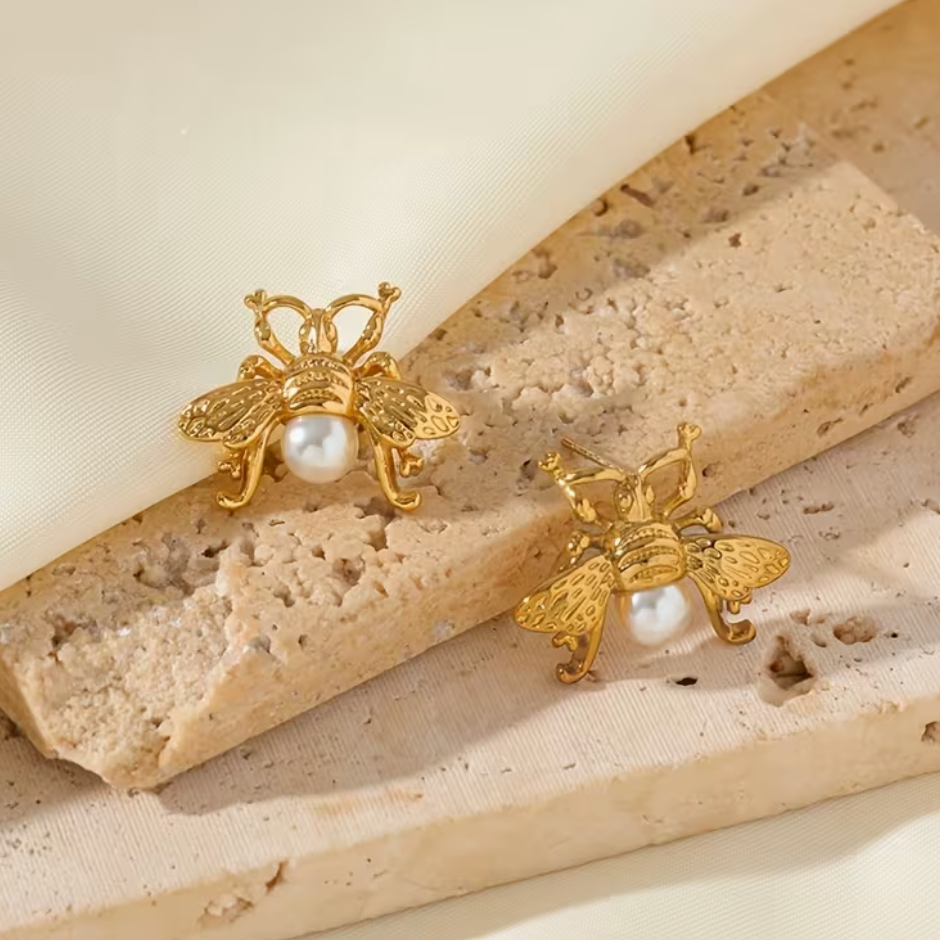 Stainless Steel Metal Fashion Honeybee Imitation Imitation Pearl Stud Earrings
