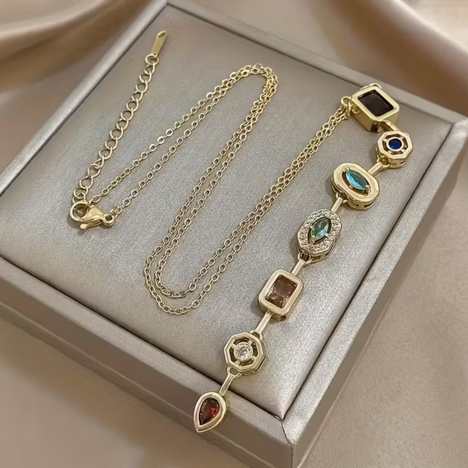 Elegant Bohemian Golden Long Pendant Necklace with Colorful Synthetic Gemstones – Party & Everyday Statement Jewelry