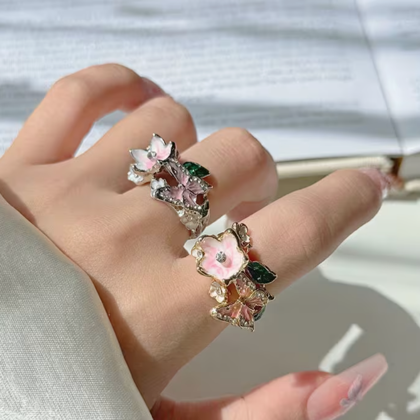 Vintage Enamel Butterfly & Flower Ring