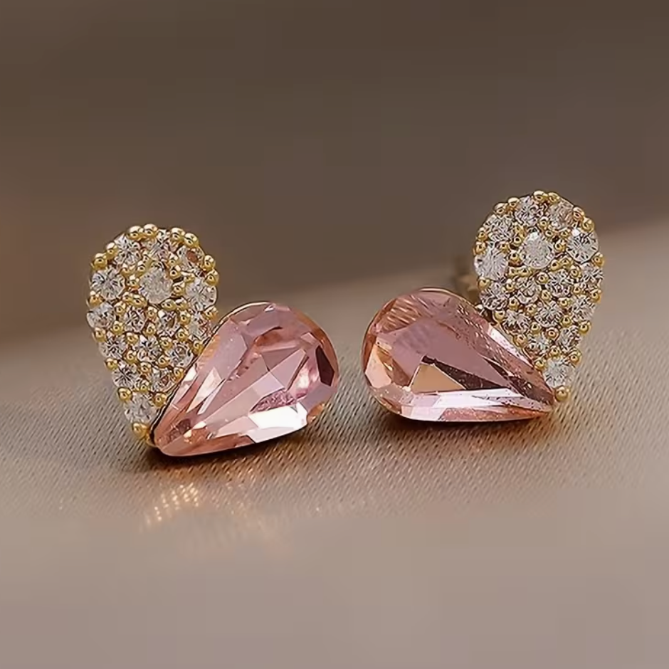 Sweet Pink Heart-Shaped Rhinestone Stud Earrings for Women – Asymmetrical Niche Design