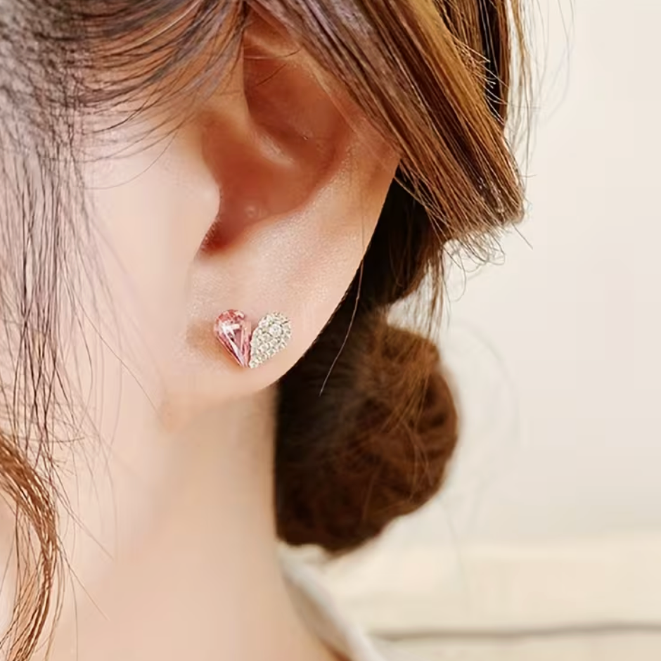 Sweet Pink Heart-Shaped Rhinestone Stud Earrings for Women – Asymmetrical Niche Design