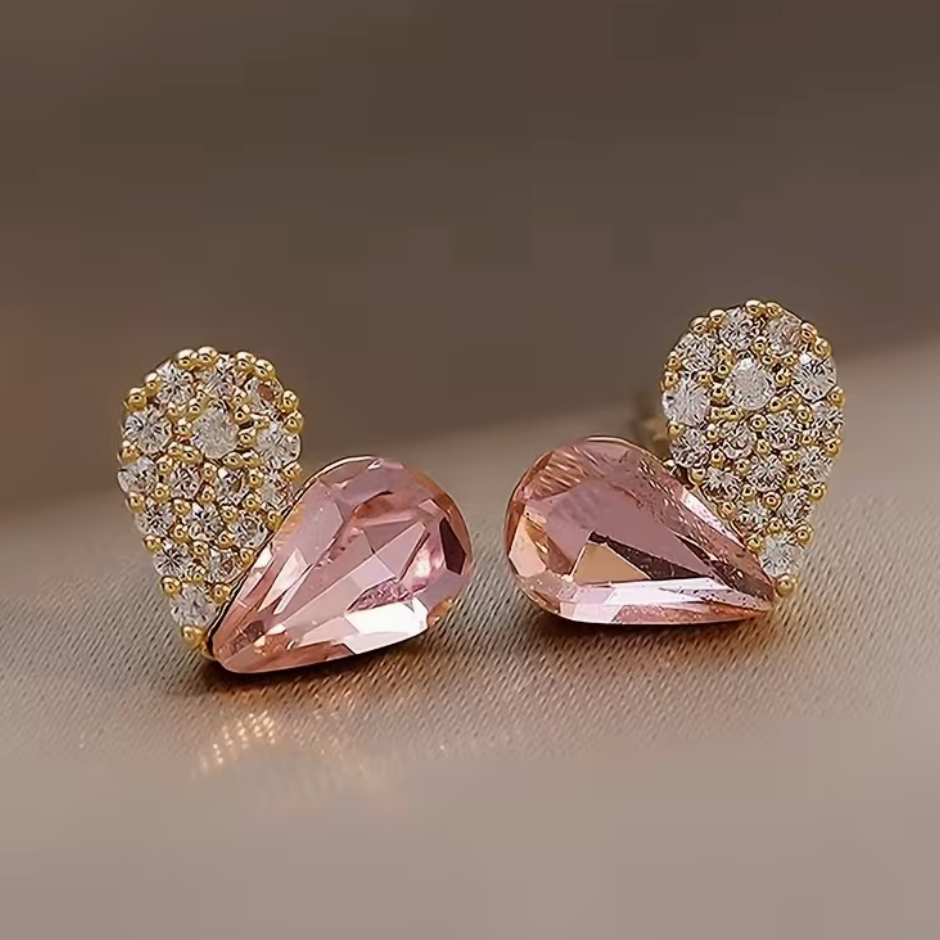 Sweet Pink Heart-Shaped Rhinestone Stud Earrings for Women – Asymmetrical Niche Design